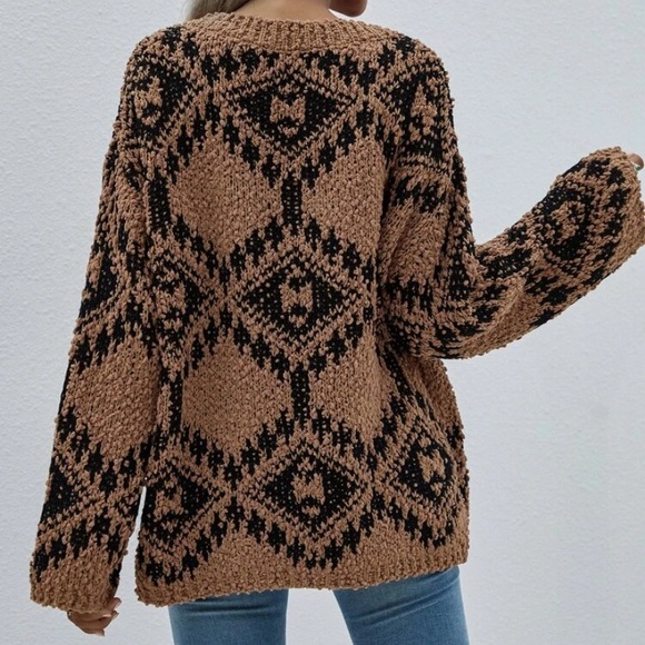 SOLD OUT Tan & Black Aztec Popcorn Textured Long Sleeve Knit Casual Sweater - Picture 2 of 3